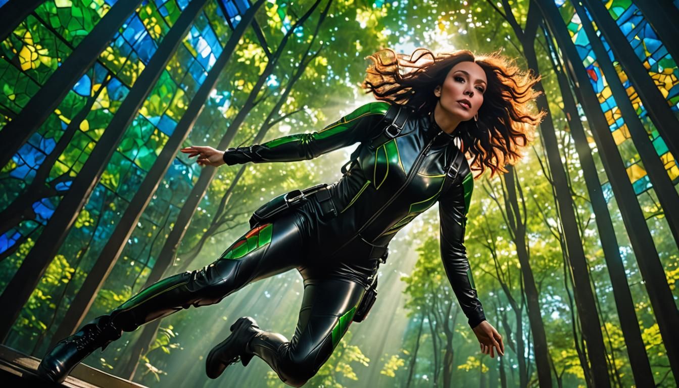 Image of Cher skydiving while dressed in a  black leather ou...