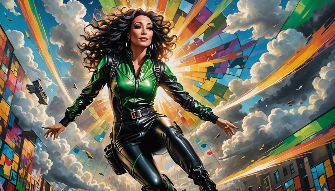 Image of Cher skydiving while dressed in a  black leather ou...