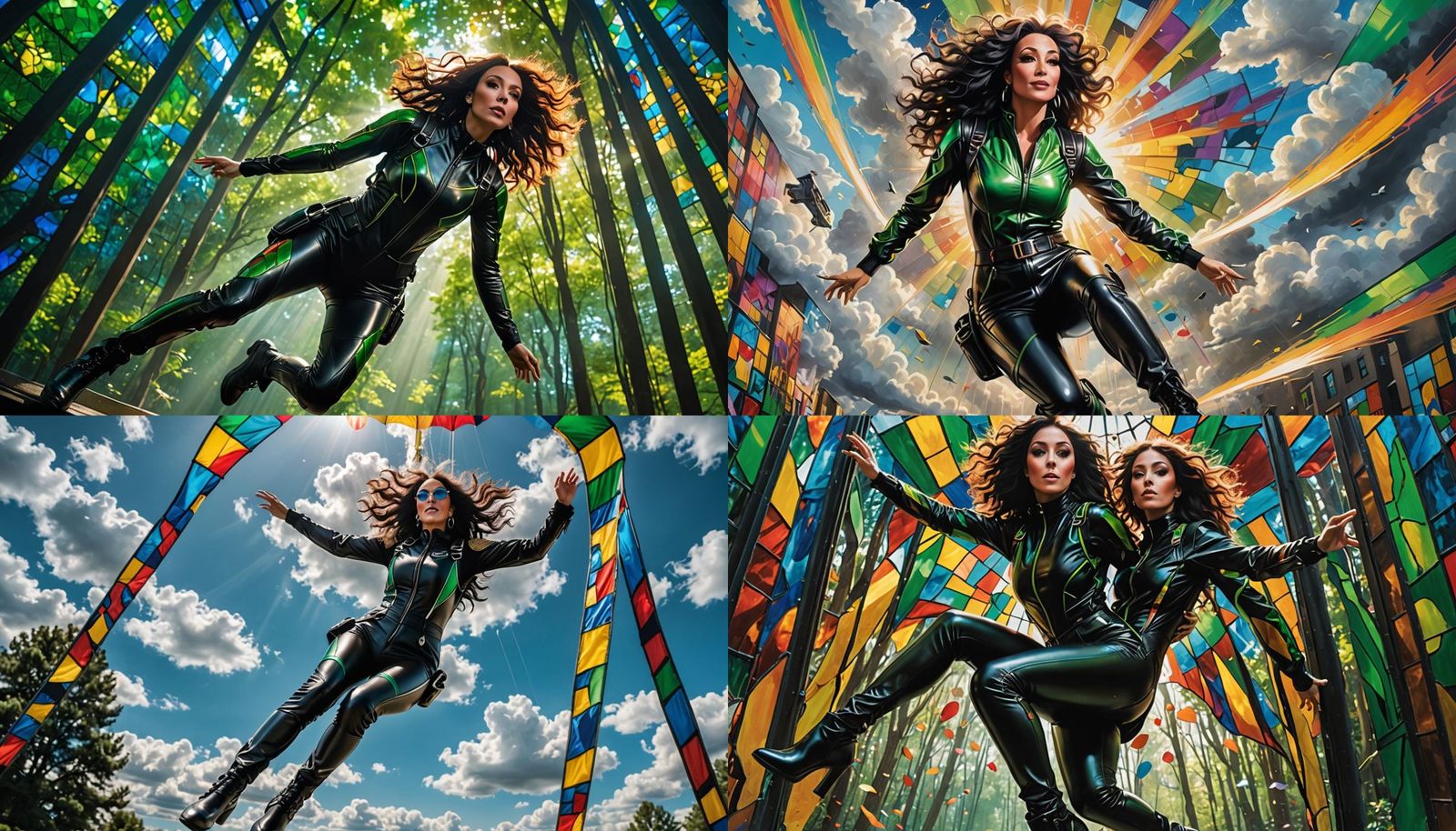 Image of Cher skydiving while dressed in a  black leather ou...