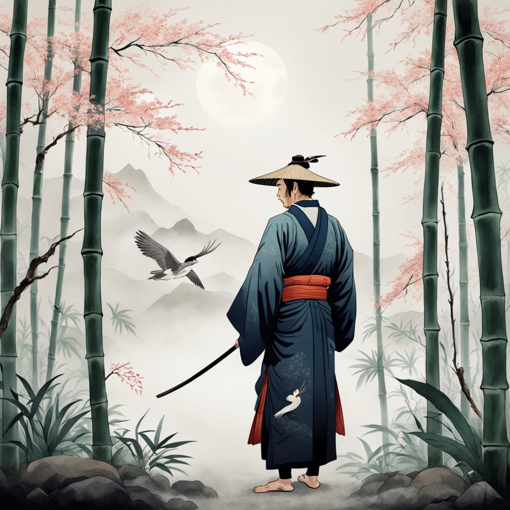 Samurai in Misty Bamboo Forest: Ukiyo-e Style