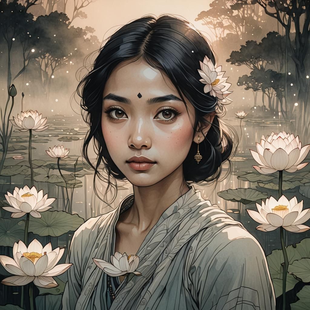 Mystical Indian Woman with Lotus Pond Ink Sketch