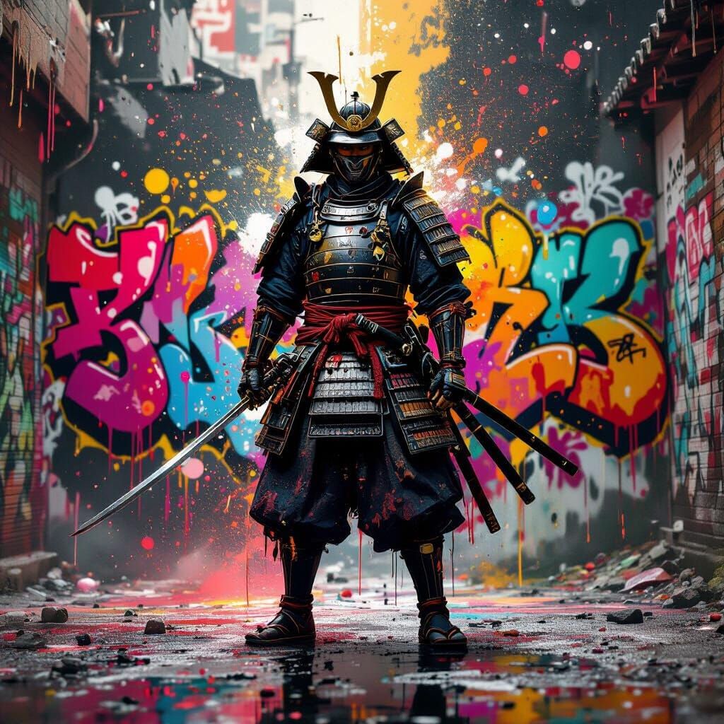 Samurai Warrior Amidst Vibrant Graffiti Art