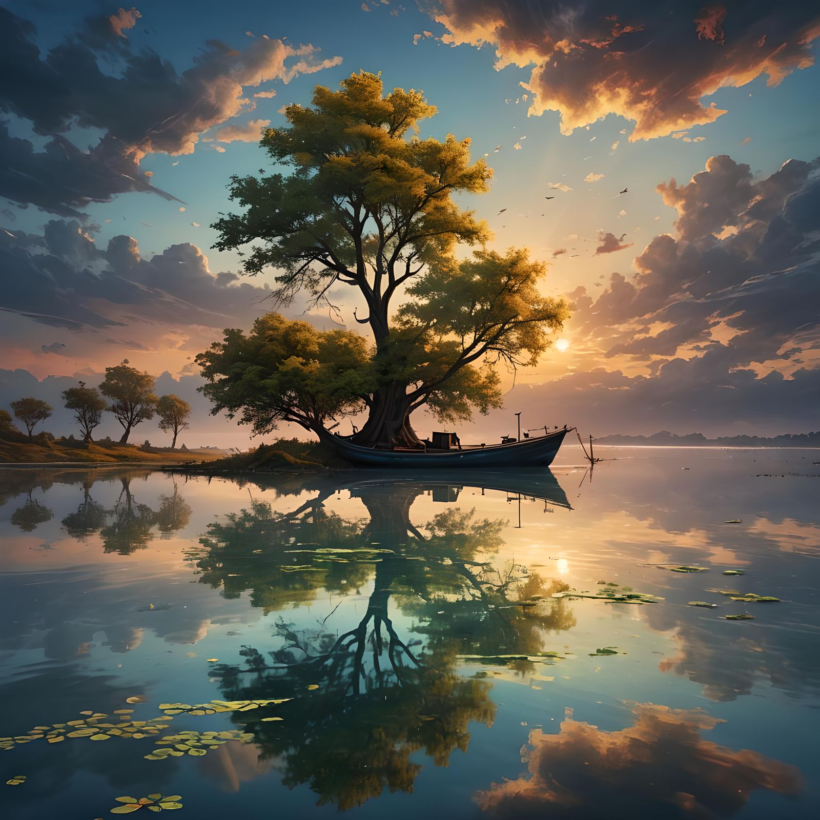 Fishing Boat on Mirror Lake at Sunset
