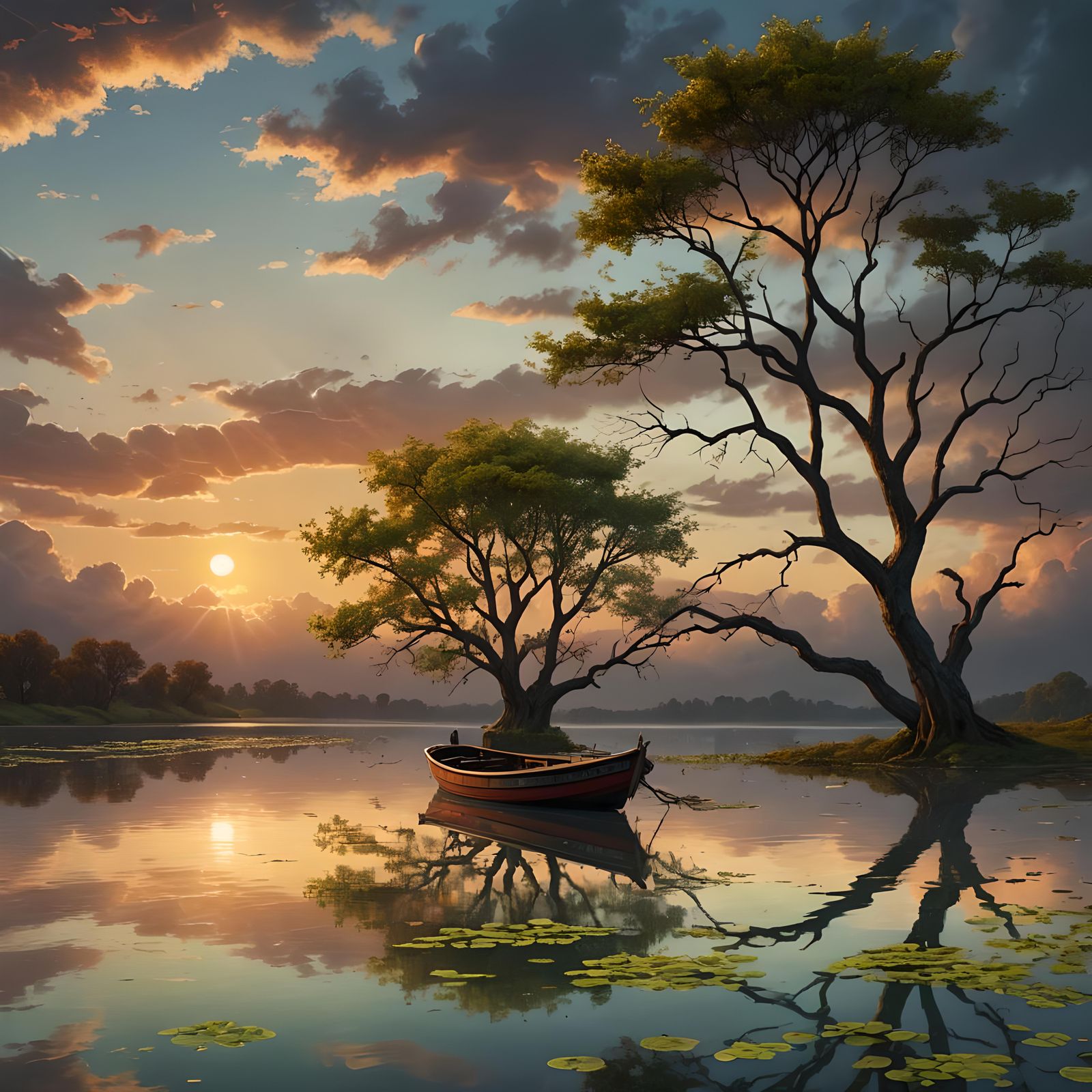 Fishing Boat on Mirror-Like Water at Sunset