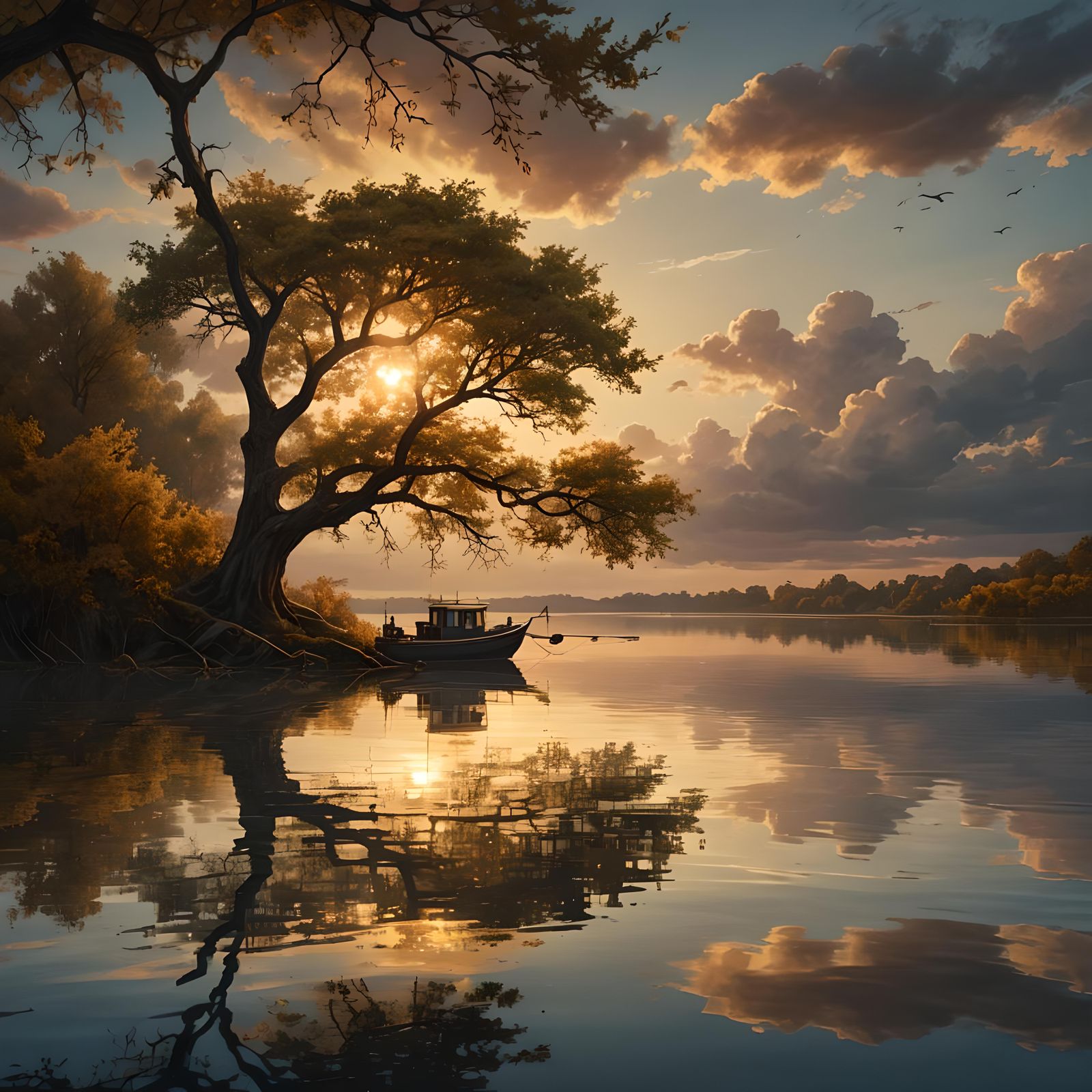 Lonely Boat Gliding on Mirrored Sunset Water