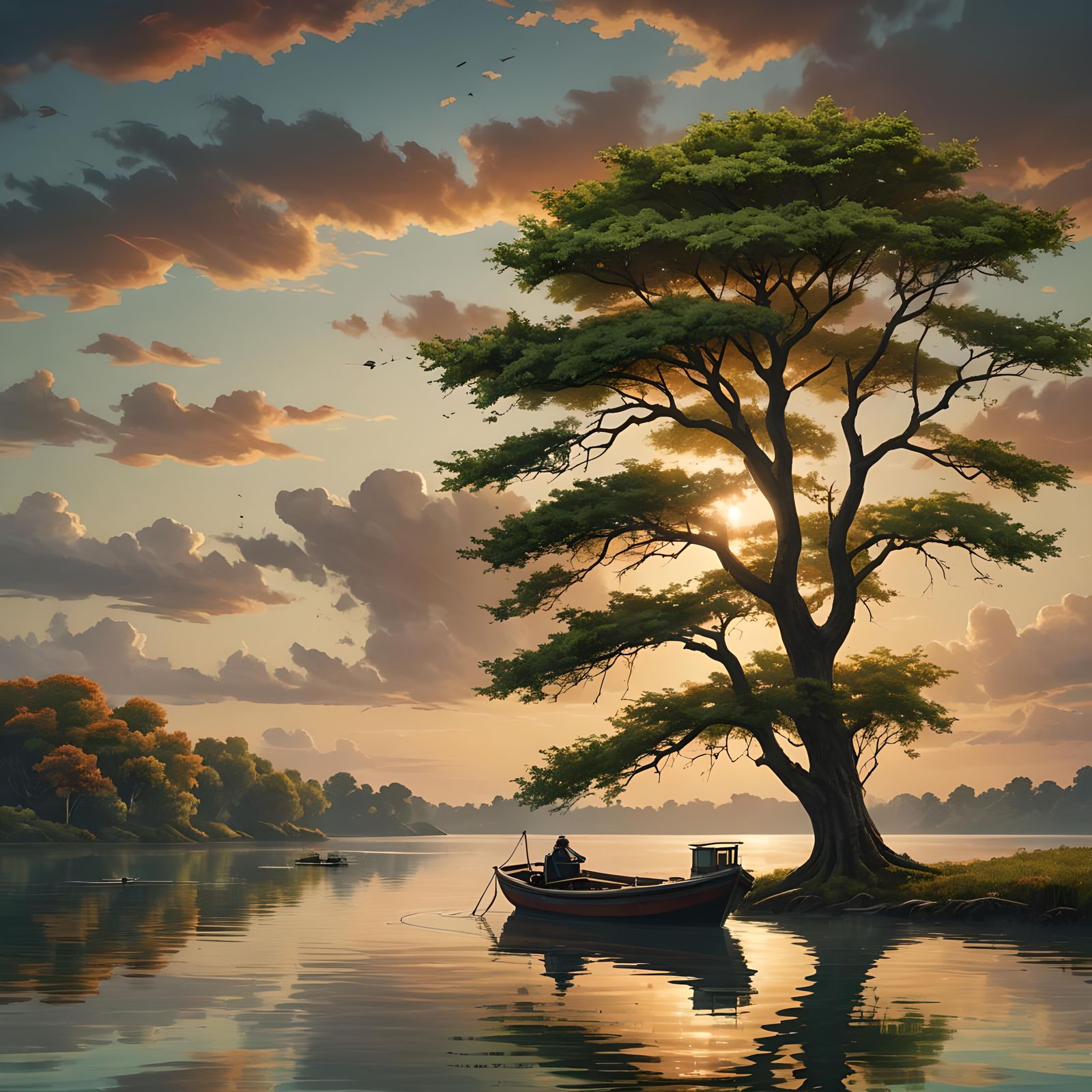 Lonely Boat Gliding on Mirrored Sunset Water