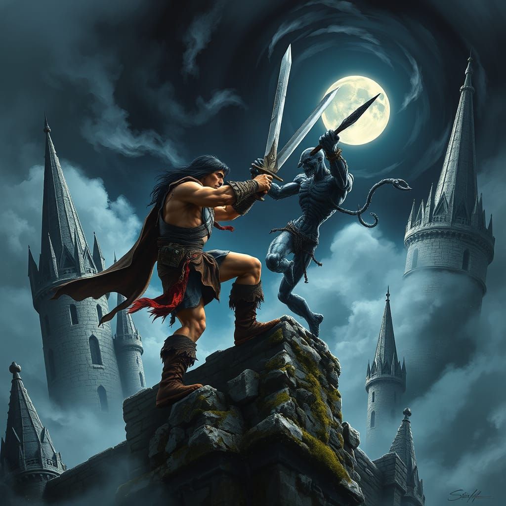 Barbarian vs Dark Sorcerer in Epic Castle Duel under Midnigh...
