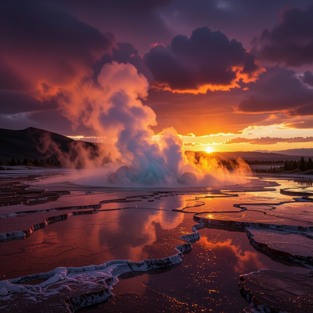 Surreal Hot Spring Erupting with Steam and Rainbow Terraces
