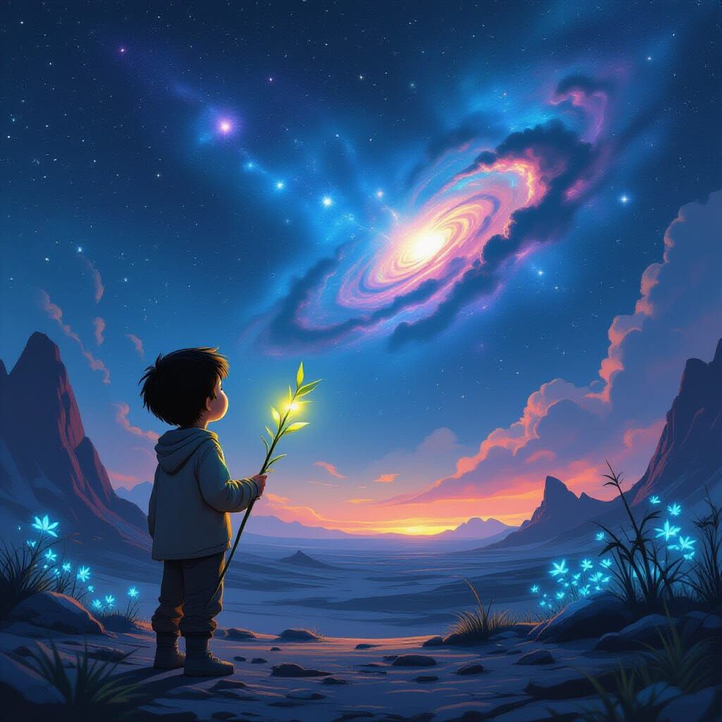 Boy Gazes at Nebula on Alien Planet