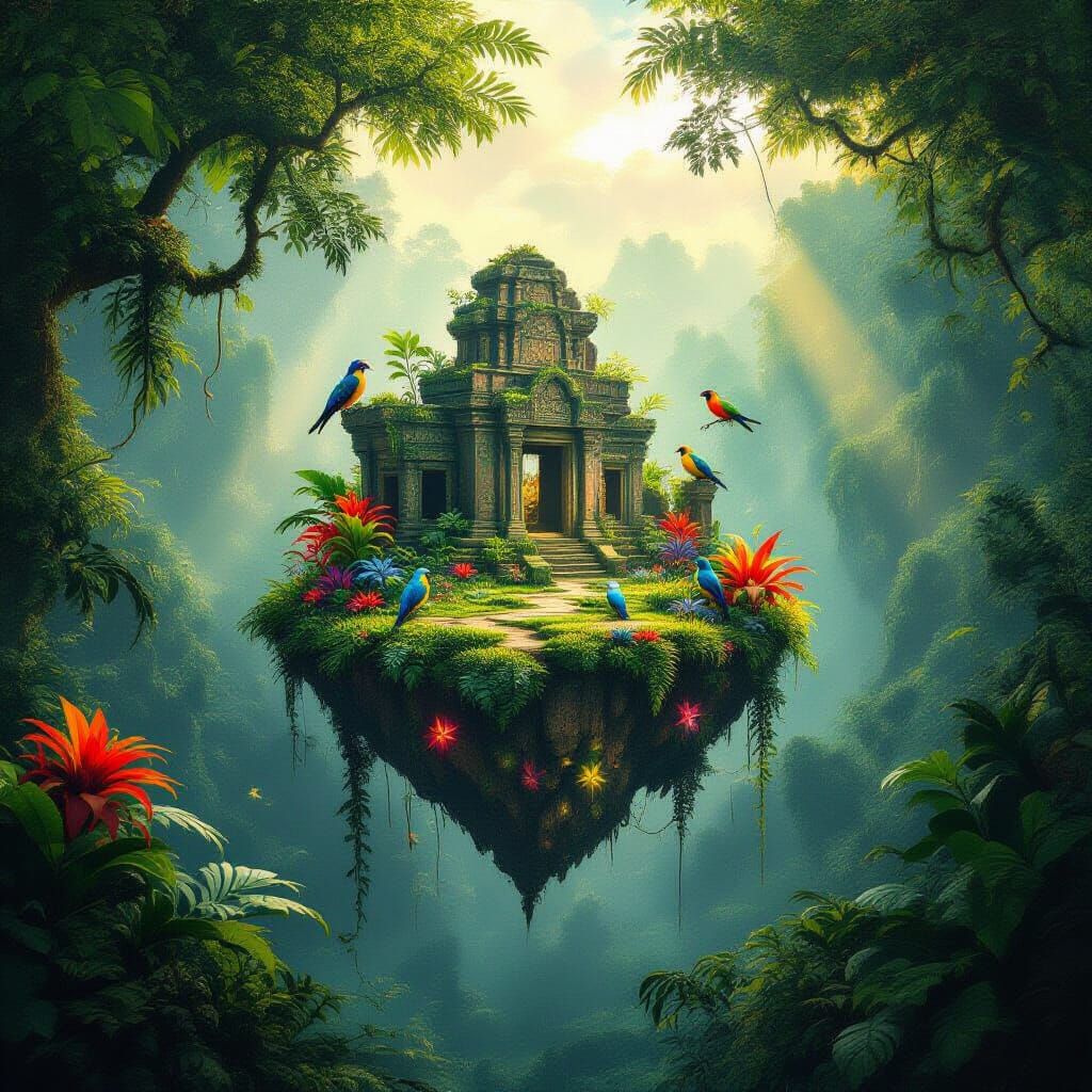 Floating Jungle Island Ruins with Exotic Birds