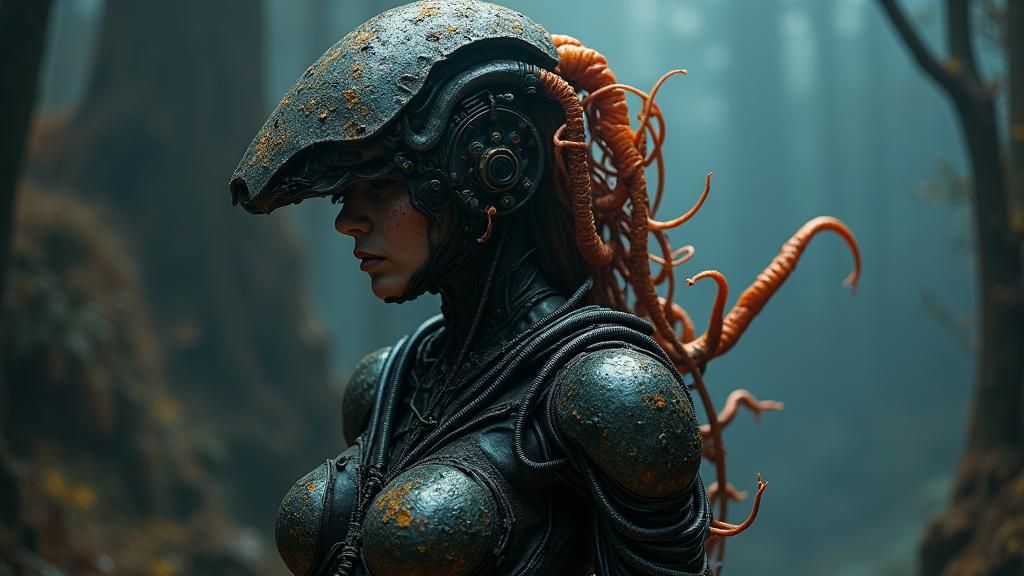 Dark Fusion: Woman in Biomechanical Hard Suit