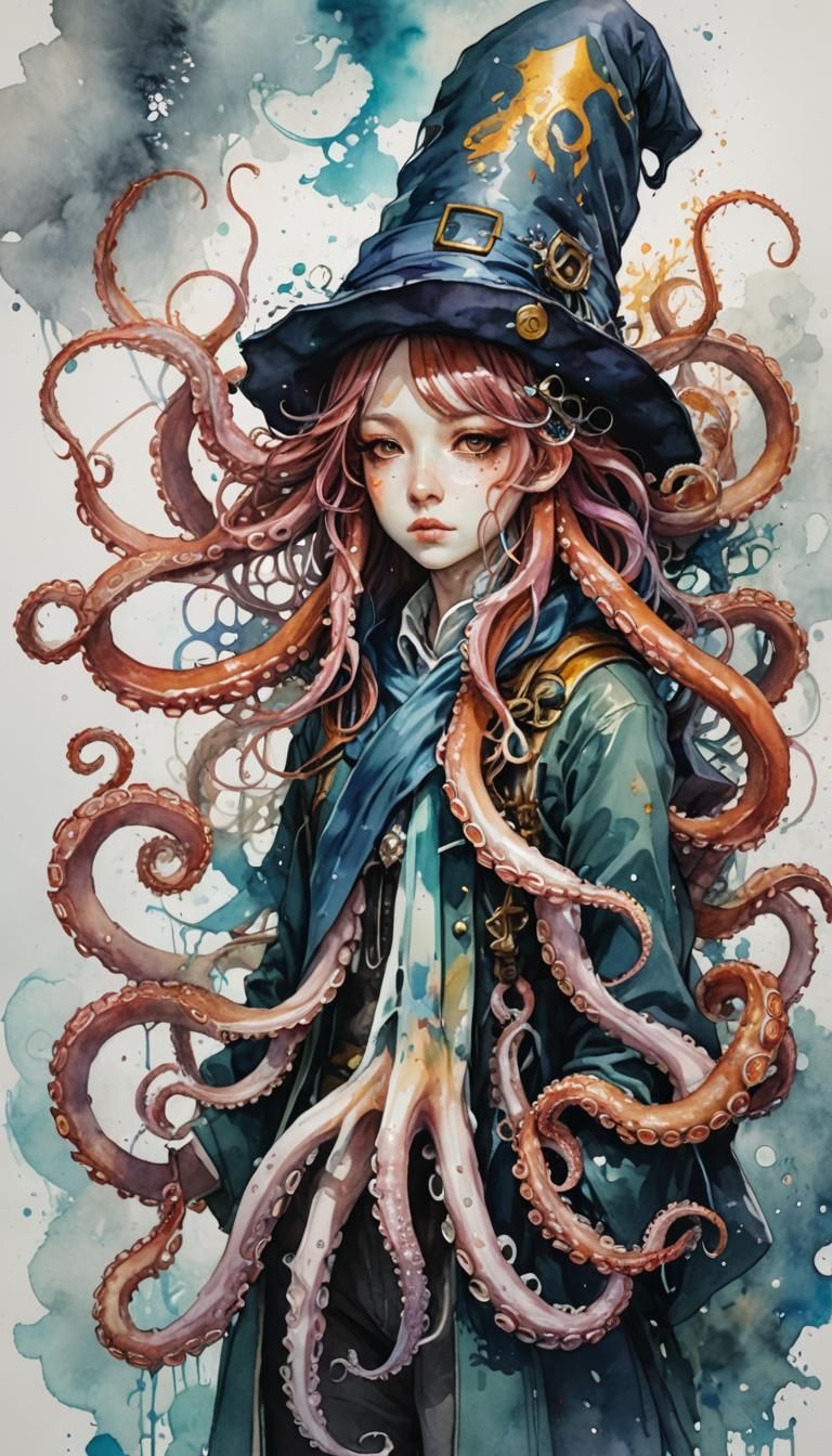 Octopus Wizard in Watercolor Manga Illustration