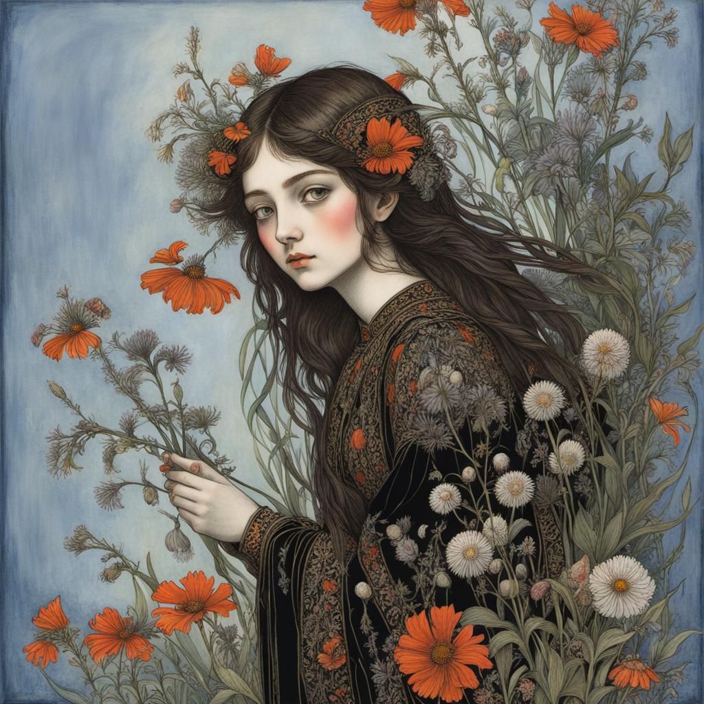 Detailed Portrait of a Girl with Wildflowers