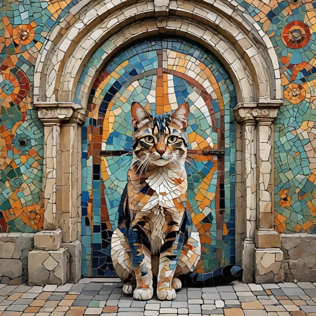 Abstract Cat Mosaic in Front of Arched Door