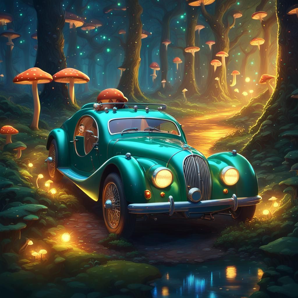 Cartoon Car Races Through Whimsical Forest