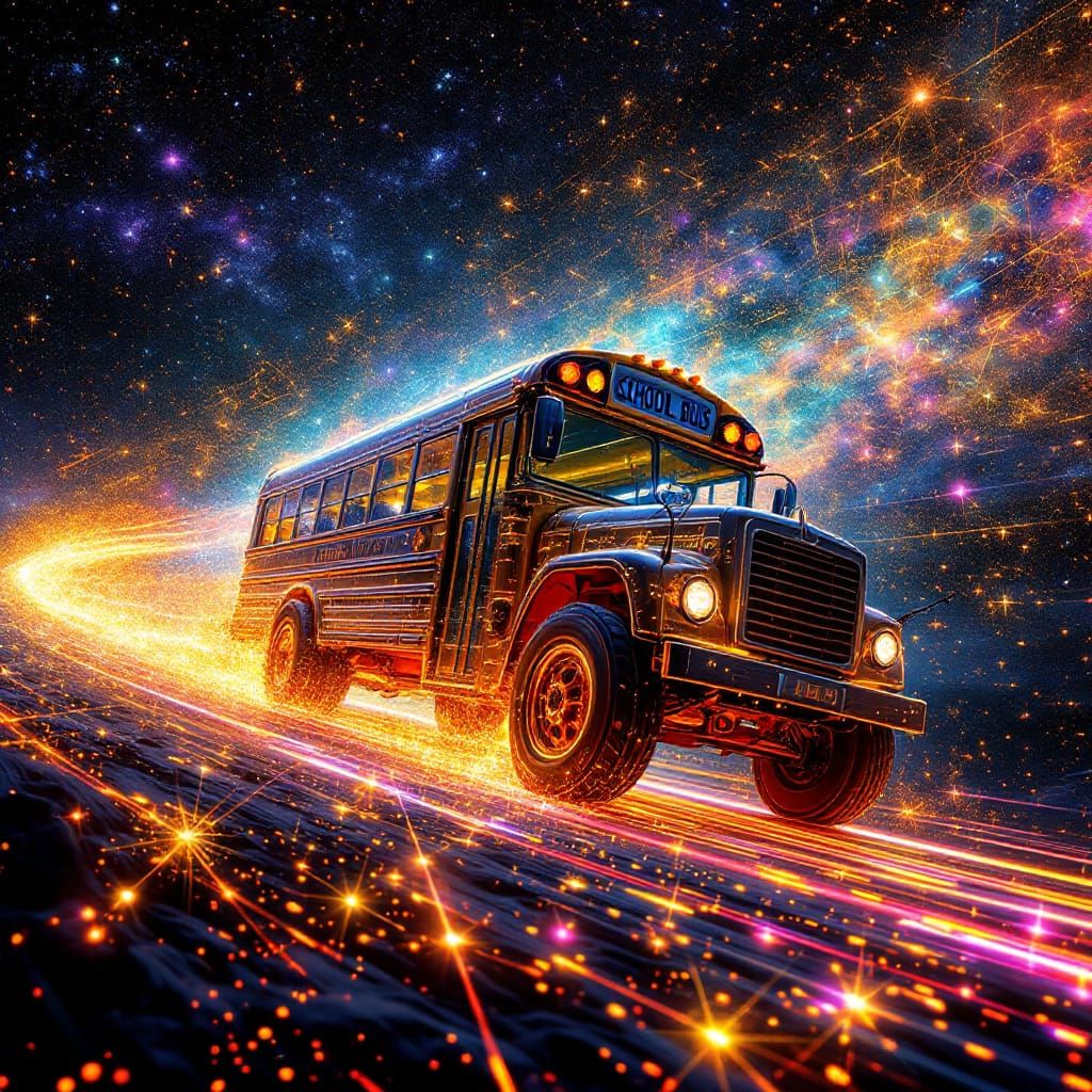 Psychedelic Steampunk School Bus in Cosmic Laser Art