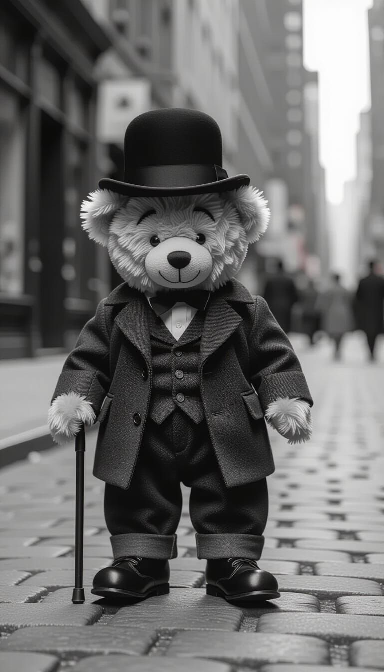 Vintage Teddy Bear as Charlie Chaplin in 1920s NYC