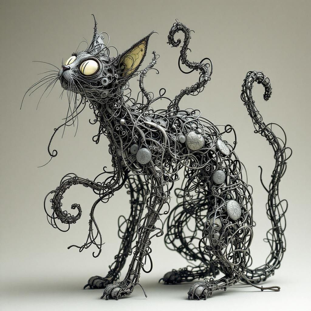 Surreal Wire Cat Sculpture in Dreamlike Style
