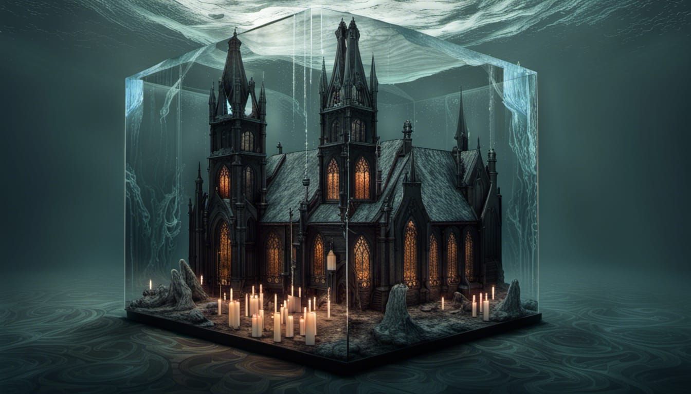 Underwater Gothic Church in Glass Cube