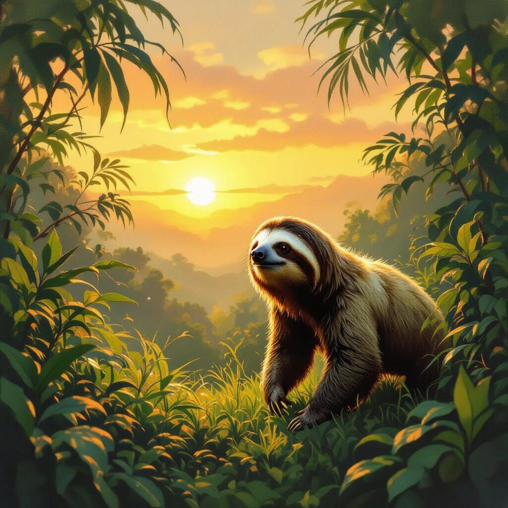 Gentle Sloth Greets Vibrant Sunrise in Impressionistic Style