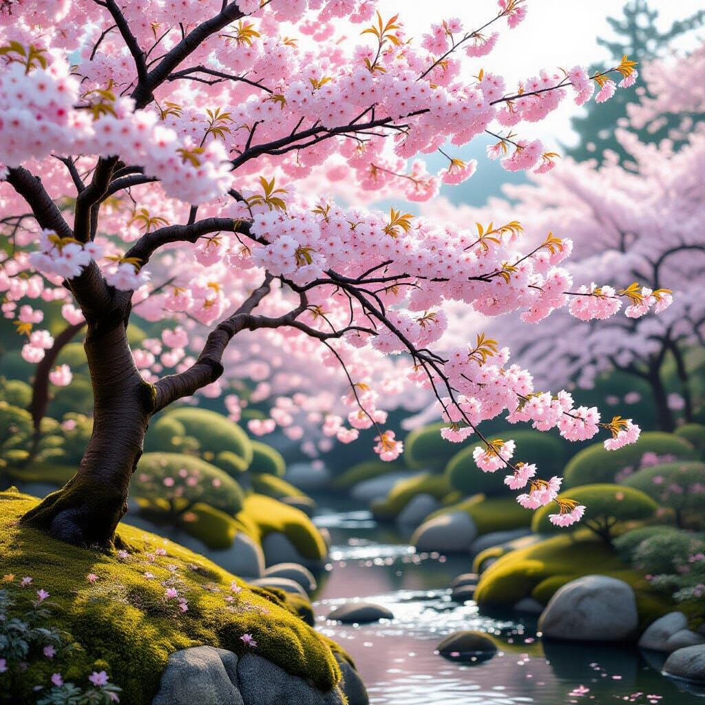Photorealistic Cherry Tree in Japanese Garden