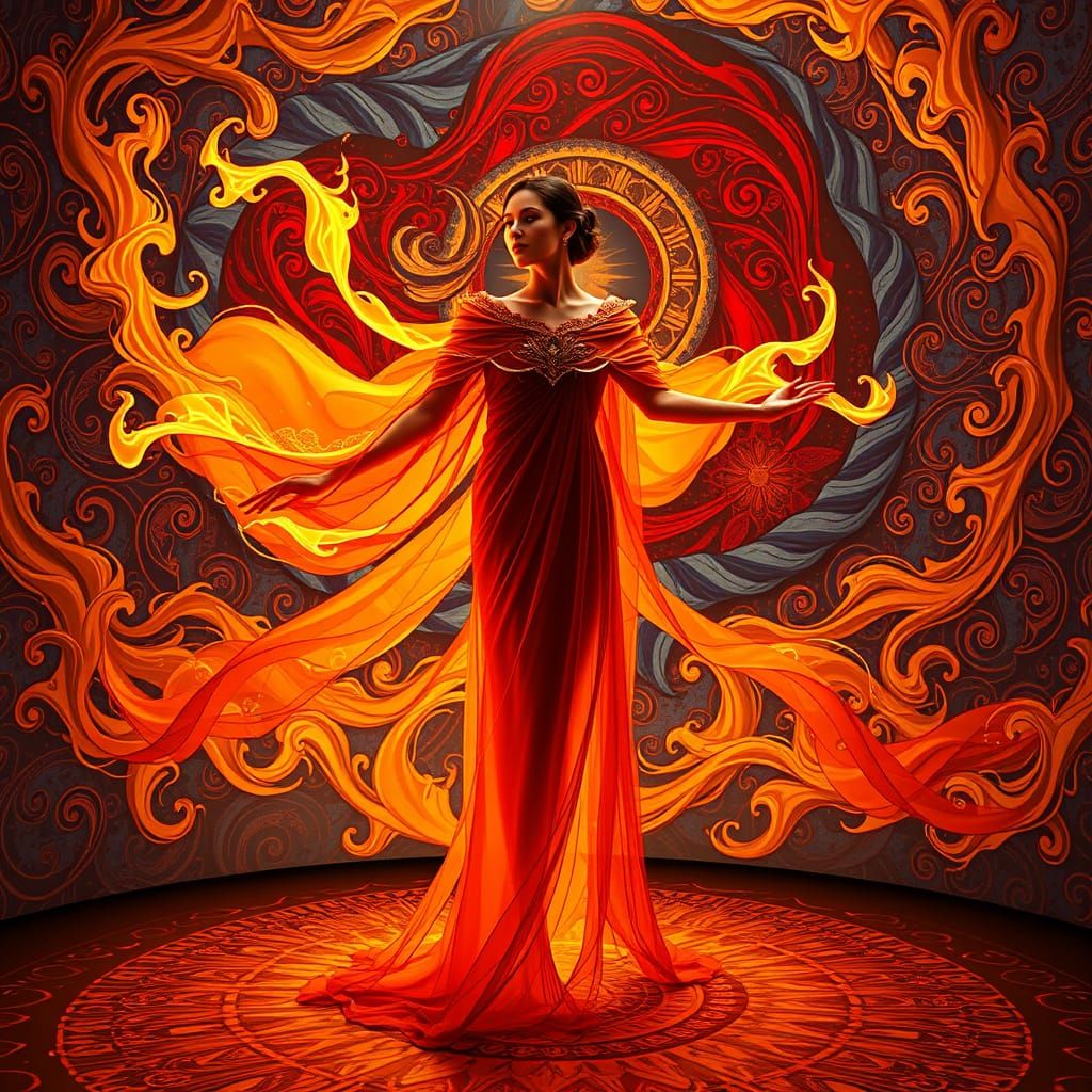 Surreal Goddess in Ember Gown Radiates Golden Glow in Art No...