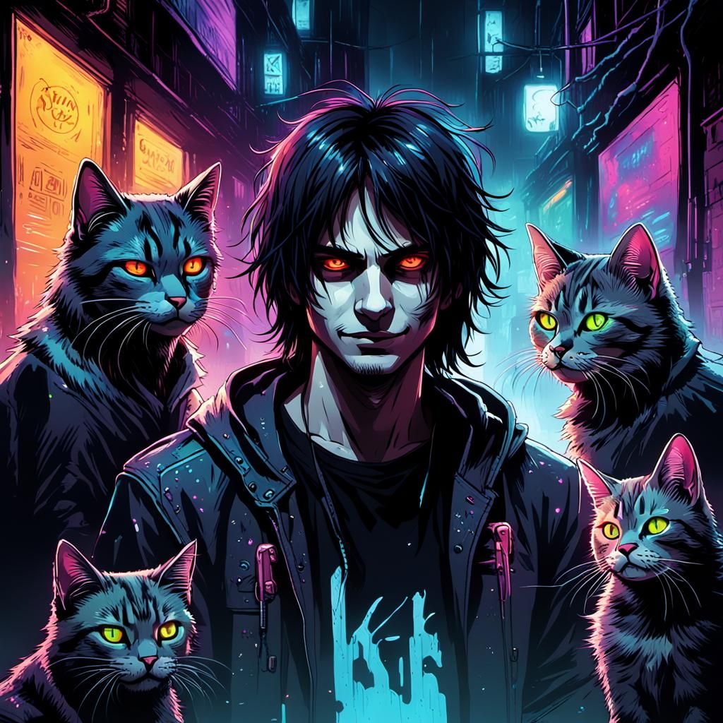 Cyberpunk Portrait: Figure Surrounded by Cats in Alleyway
