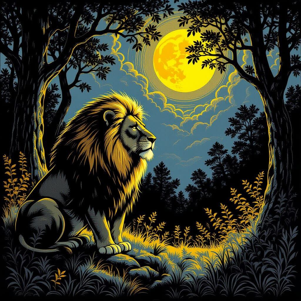 Majestic Lion Guards Moonlit Forest in Monochrome Woodcut St...