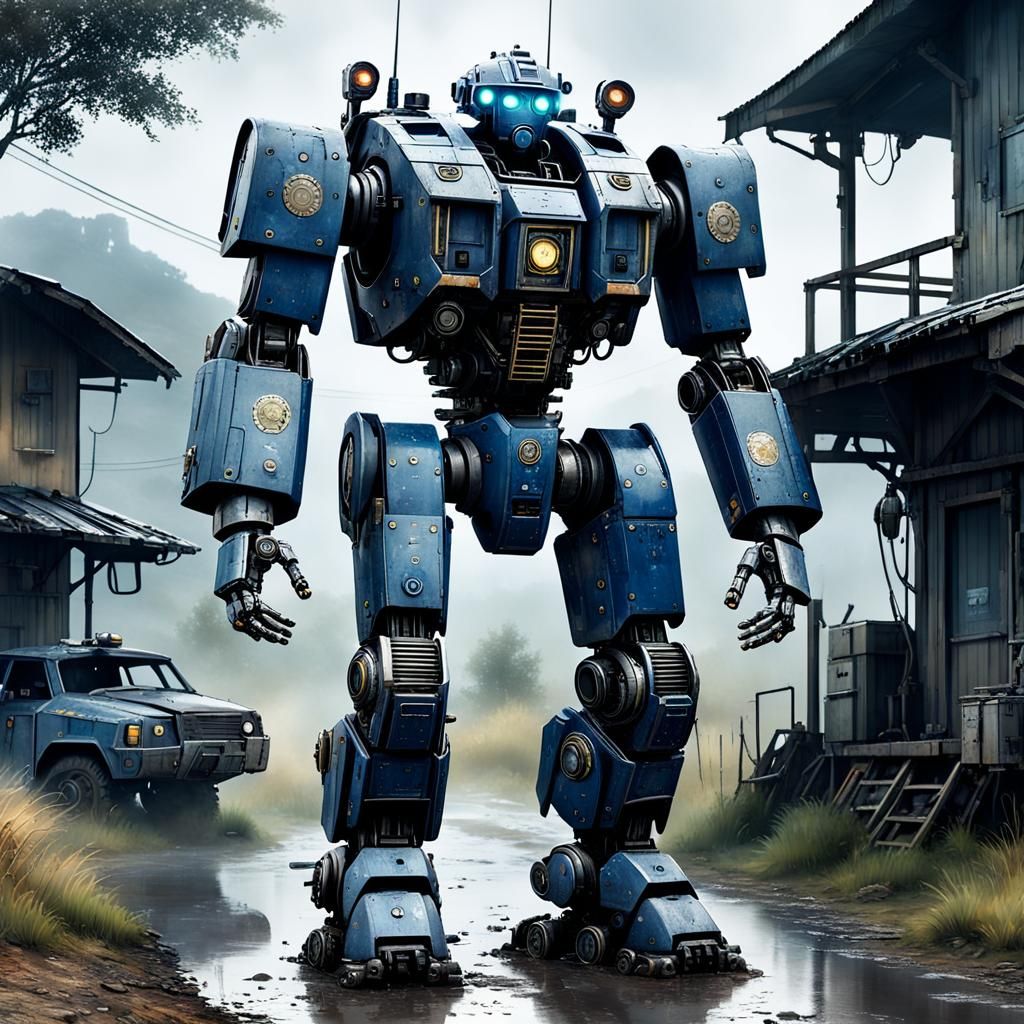 Mecha Police Robot in Post-Apocalyptic Landscape