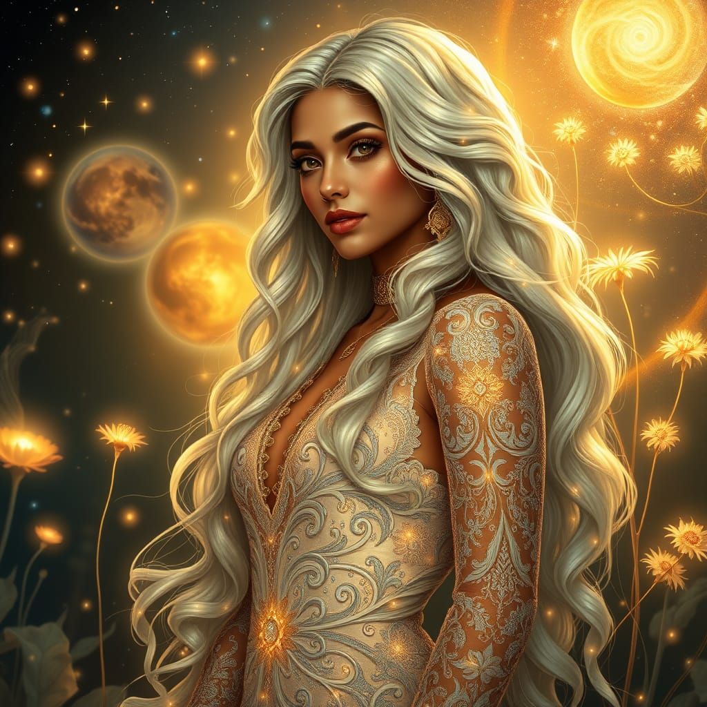 Latina Goddess in Starlight Gown, Art Nouveau Style