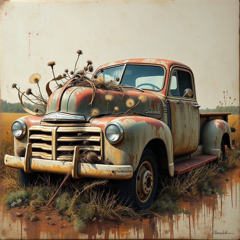 Weathered Rusted Truck Amidst Overgrown Wilderness