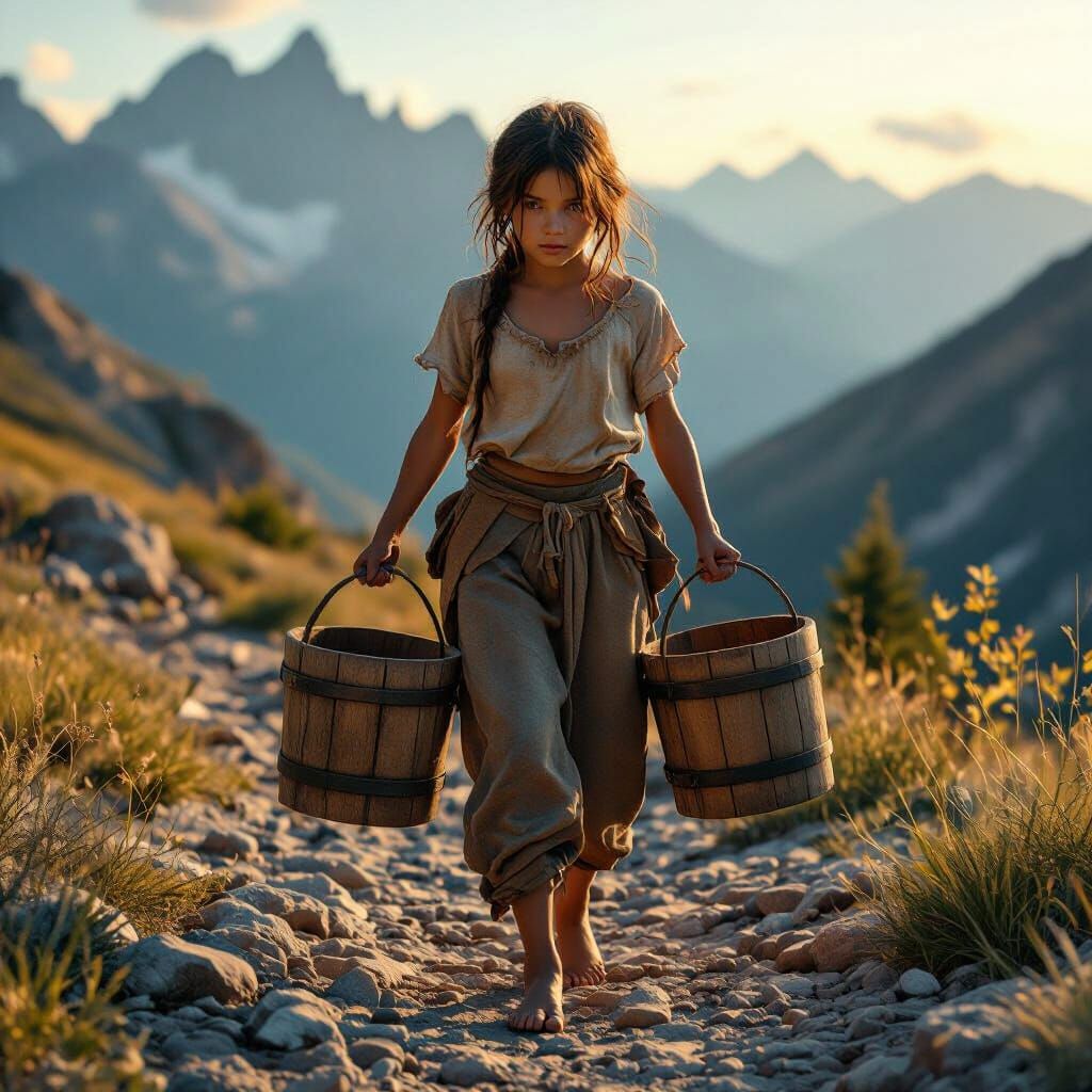 Barefoot Girl on Mountain Path in Hyperrealistic CGI
