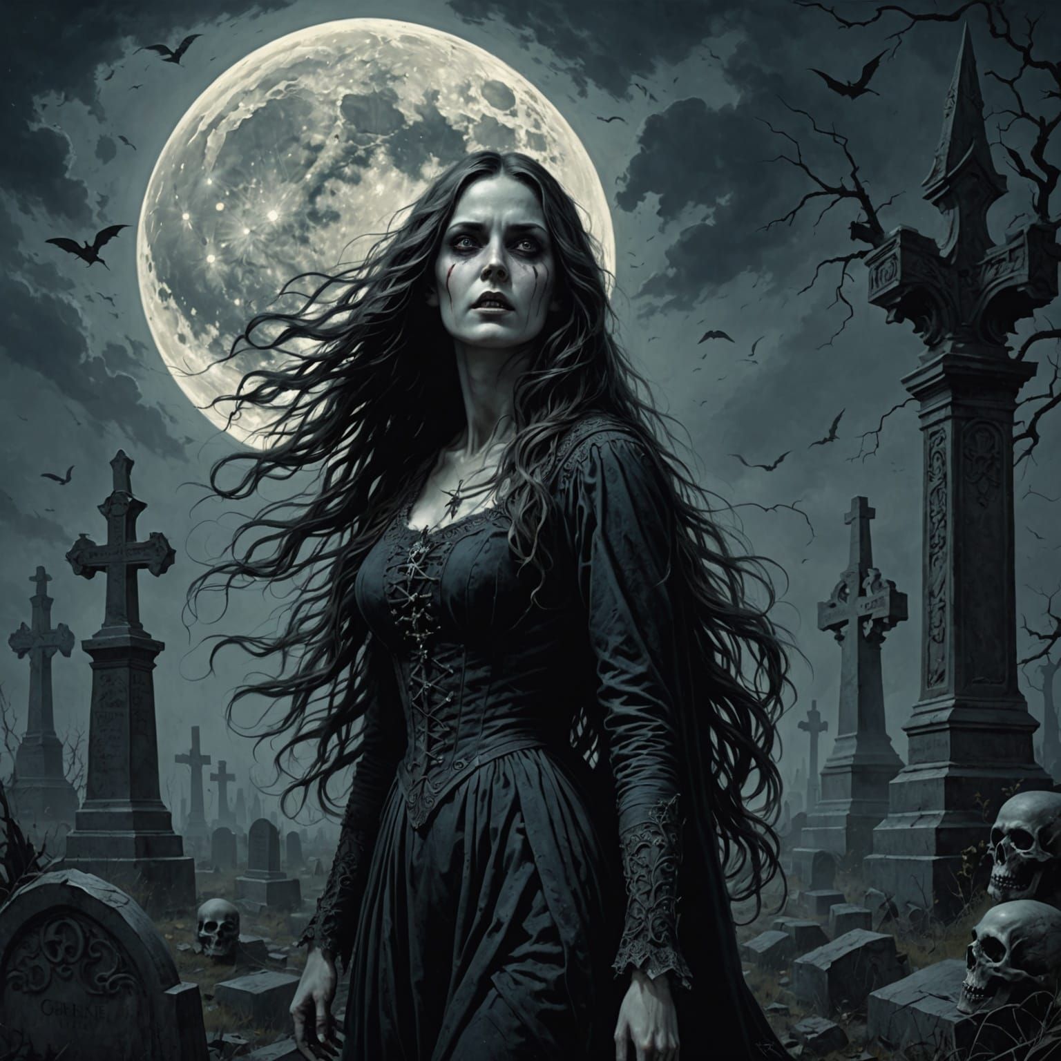 Ethereal Gothic Goddess Under a Blood Moon