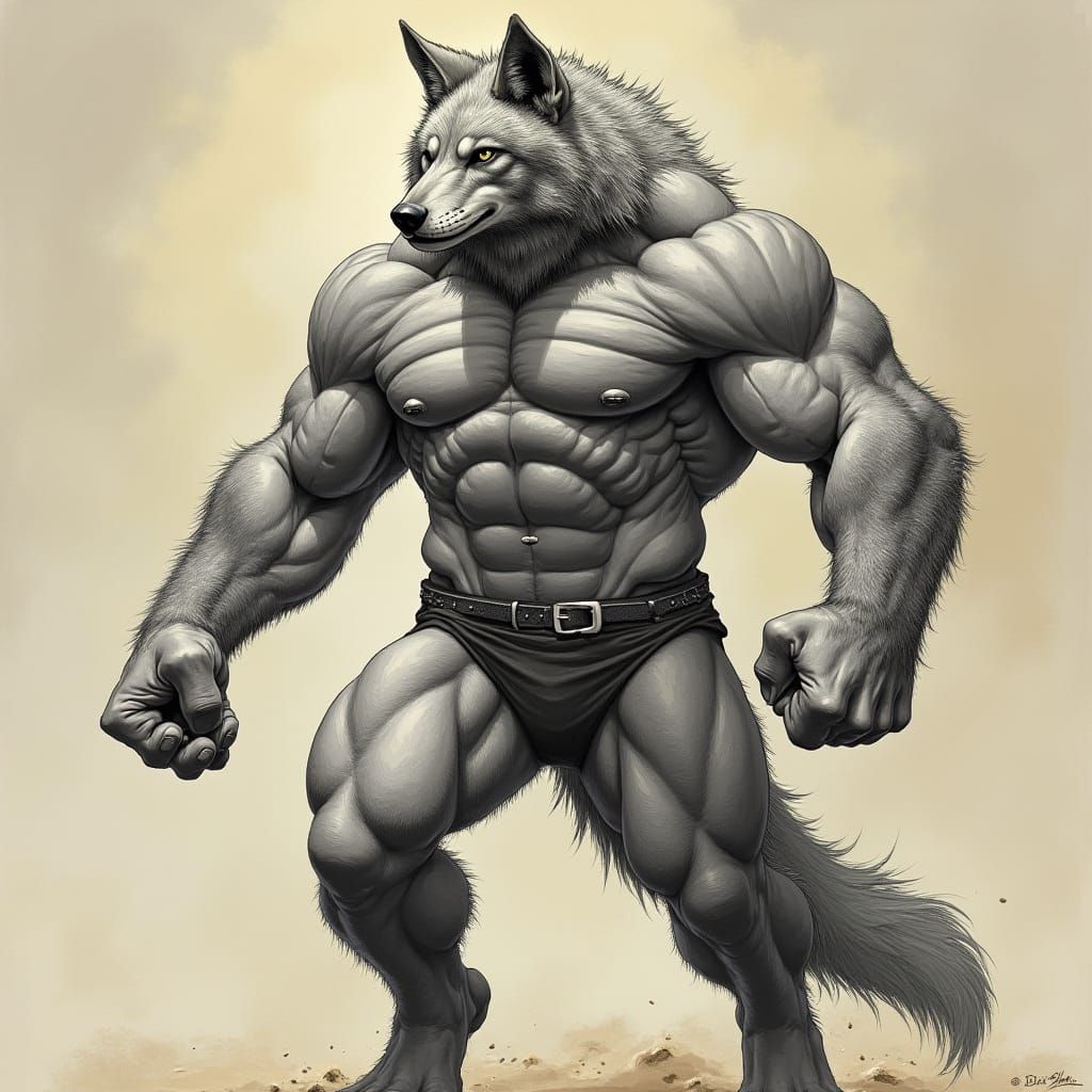 Muscular Wolfman in Fantasy Art Style
