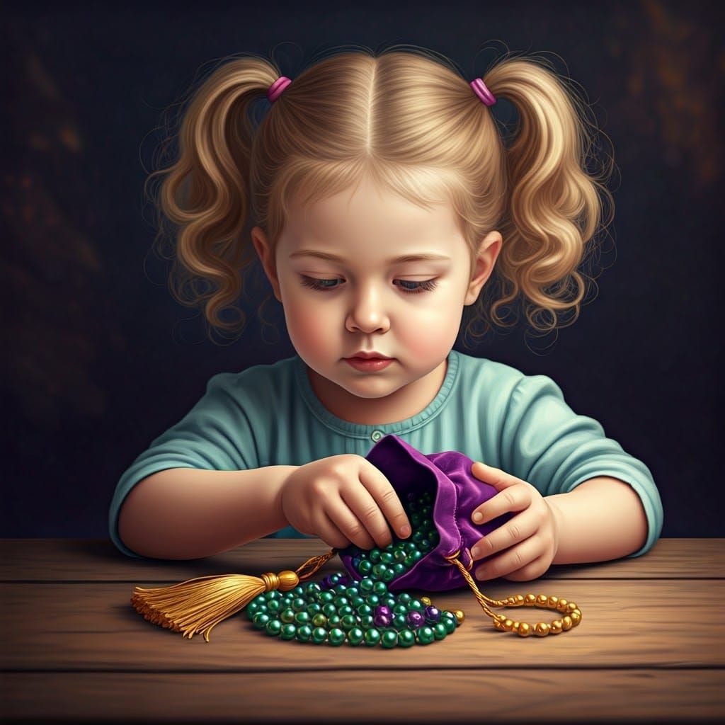 Delicate Little Girl Counts Iridescent Beads in Velvet Bag