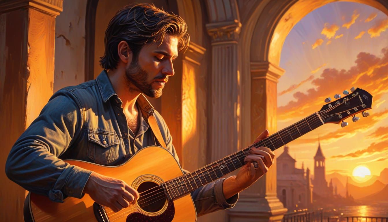 Musician's Fiery Sunset Serenade: An Oil Painting