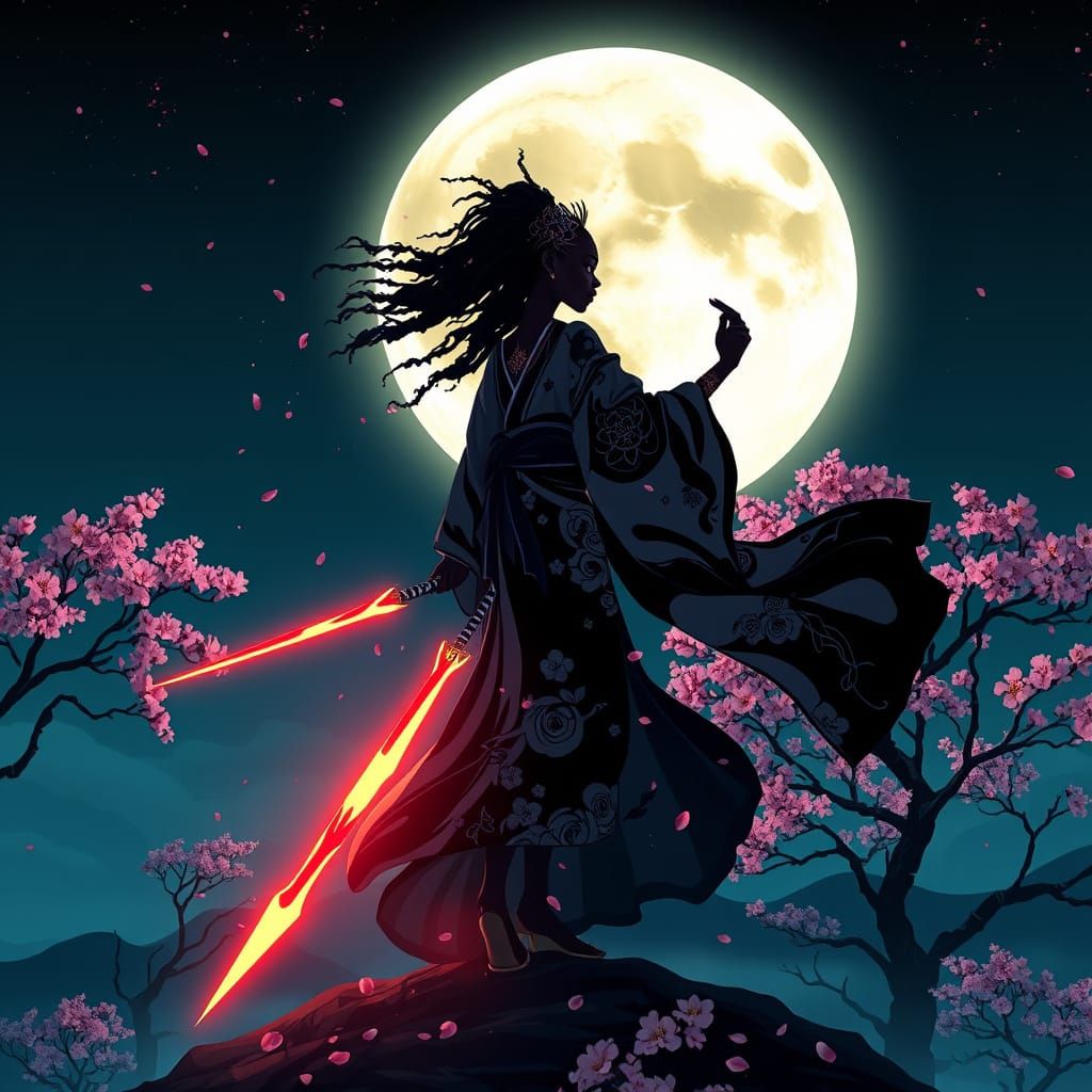 Afro Goddess with Blades Under Moonlight in Flat Style