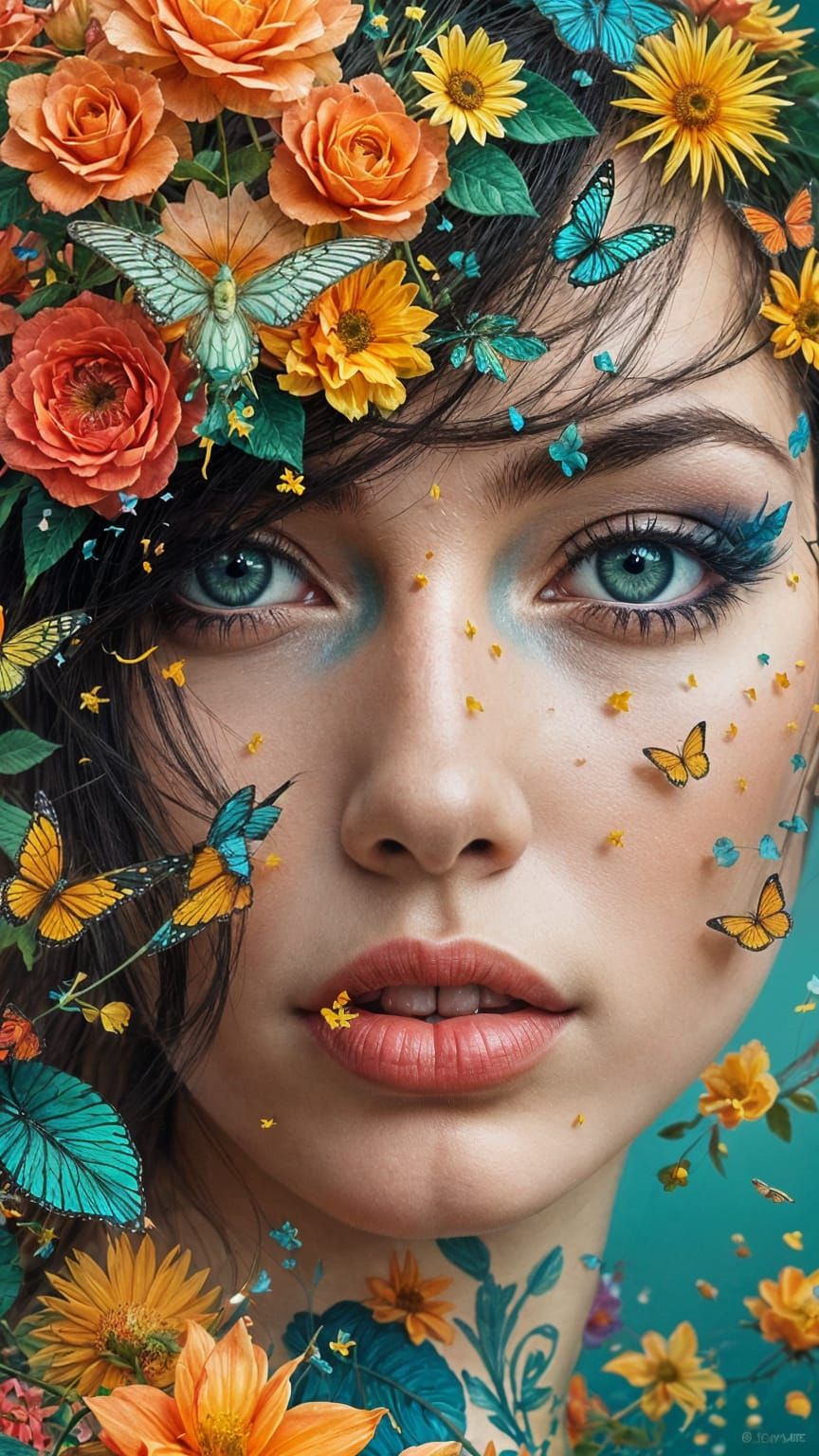 Whimsical Woman Portrait with Floral & Nature Elements