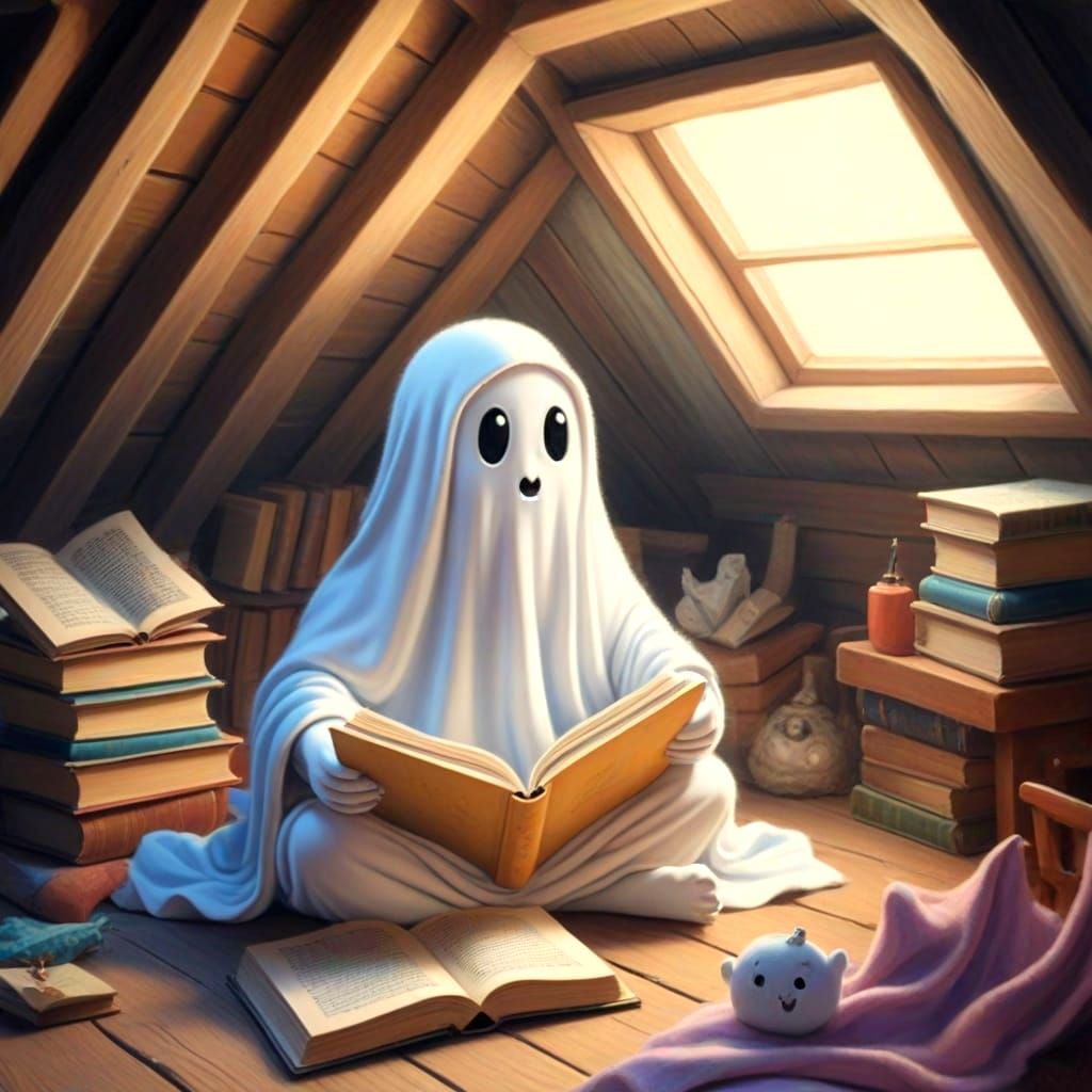 Friendly Ghost Reads in Attic, Pastel Drawing
