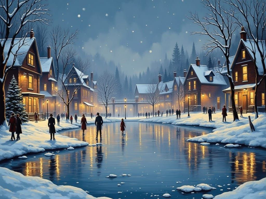 Cozy Victorian Winter Village with Skating Pond
