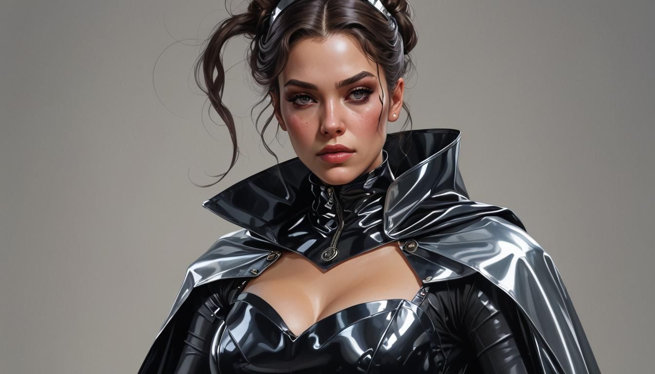 Dominant Woman in Reflective Latex, Detailed Portrait