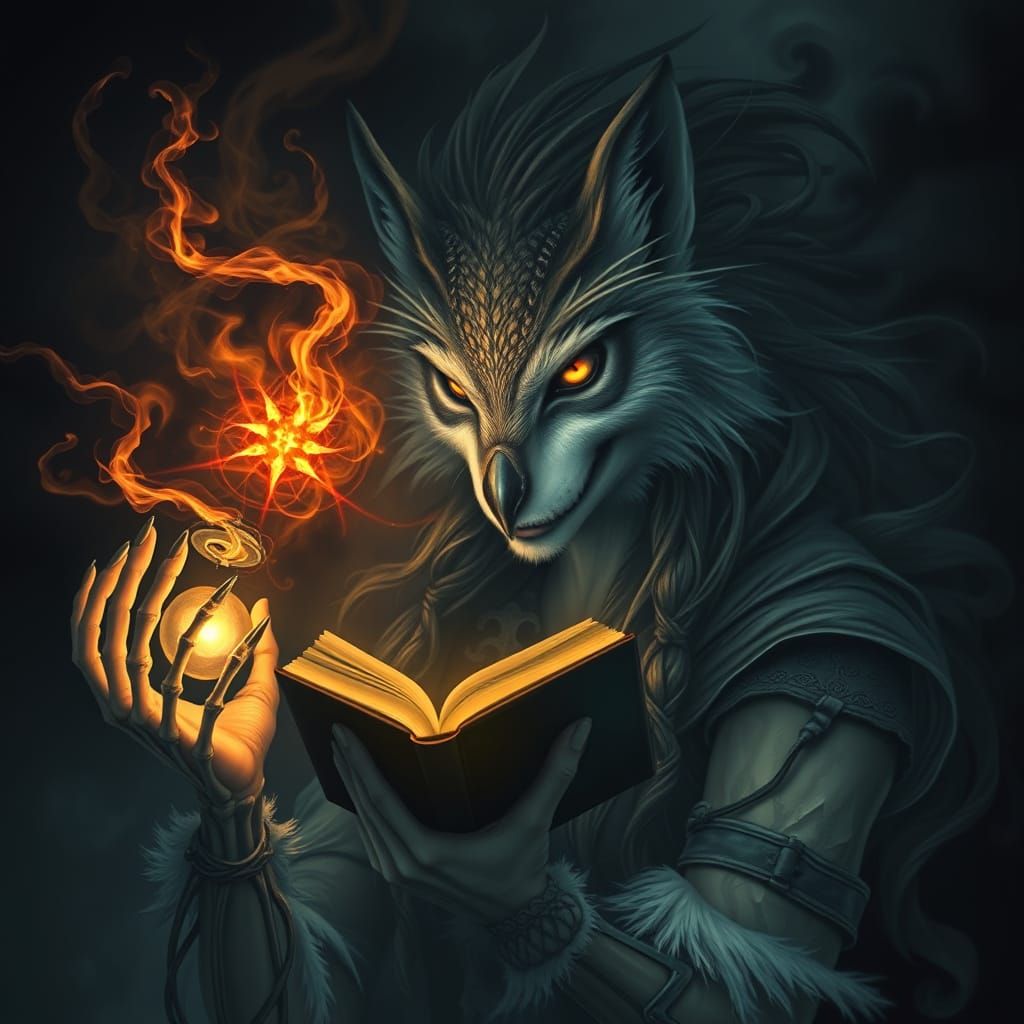 Surreal Wolf-Goddess Owl Warrior with Flaming Book