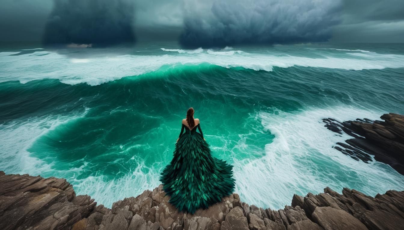 Woman in Feather Gown on Stormy Cliffside