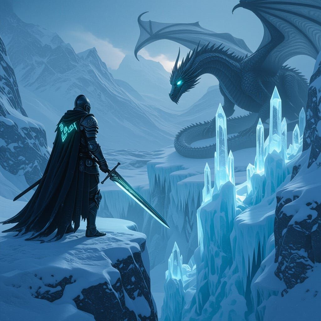 Knight Facing Dragon in Frozen Chasm