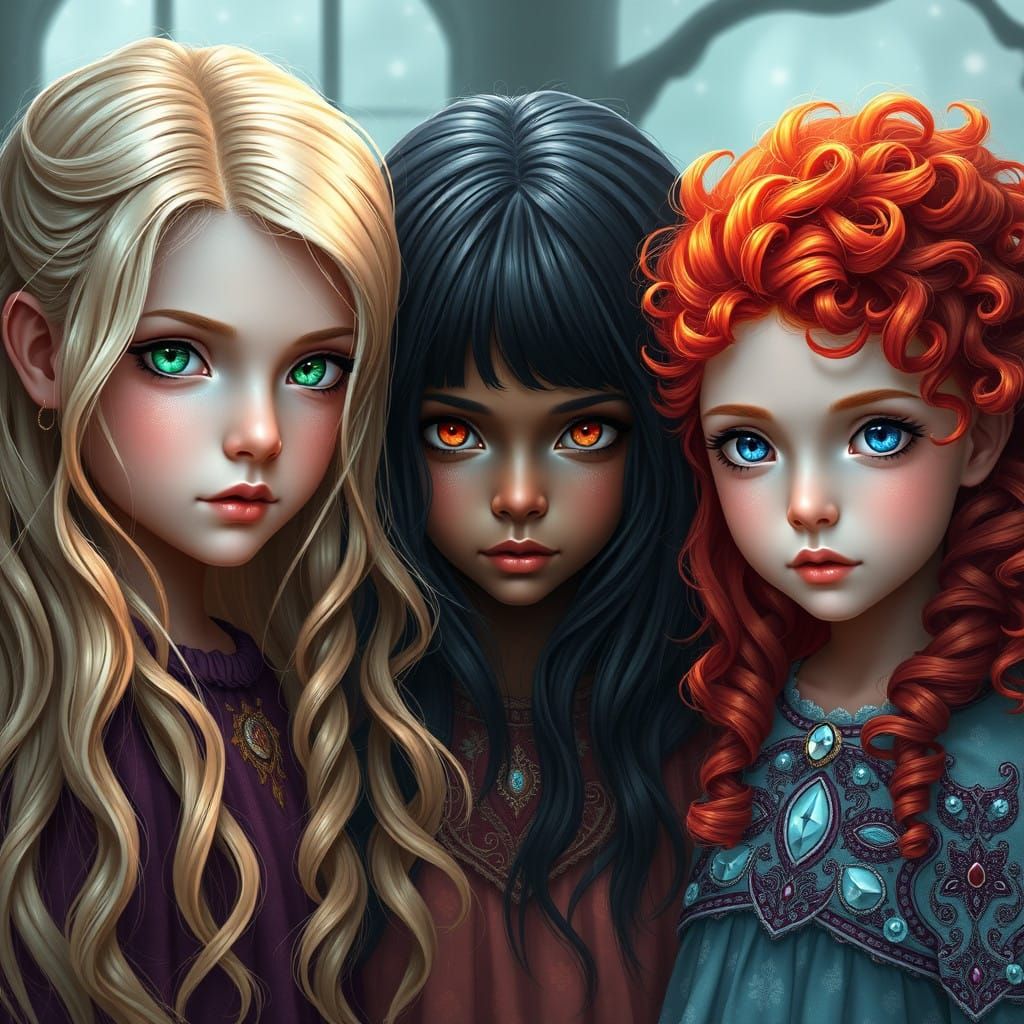 Three Triplet Girls in Enchanted Setting