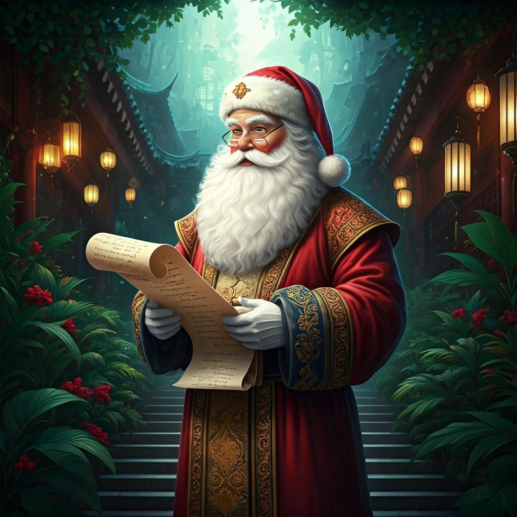 Surreal Santa Claus in Silk Robes Checks List with Asian Acc...