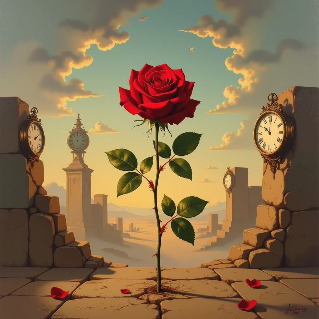 Surreal Red Rose with Melting Clocks in Dali Style