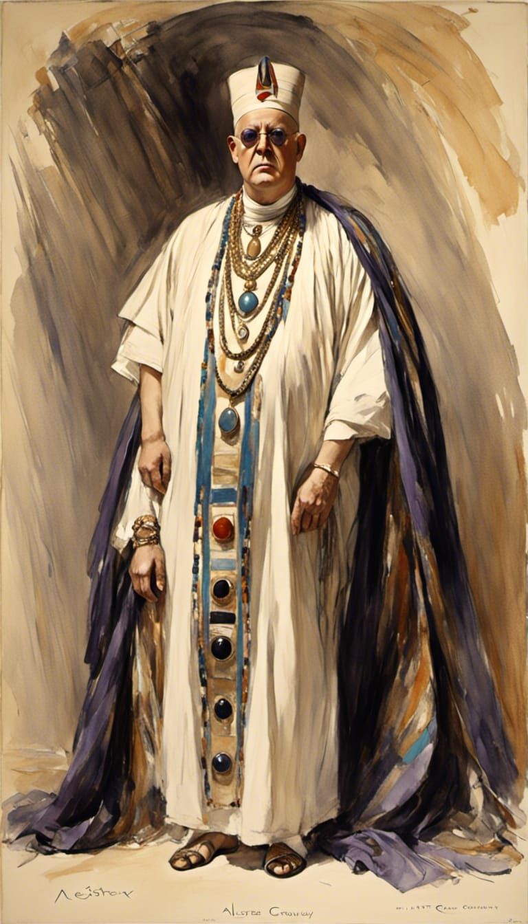 Aleister Crowley in white egyptian robes