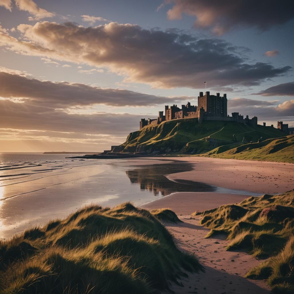 Bamburgh Castle Sunset: Cinematic Film Still