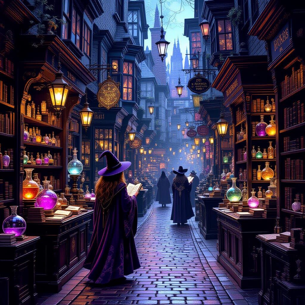 Diagon Alley Witch Browsing Magical Artifacts in Art Nouveau...
